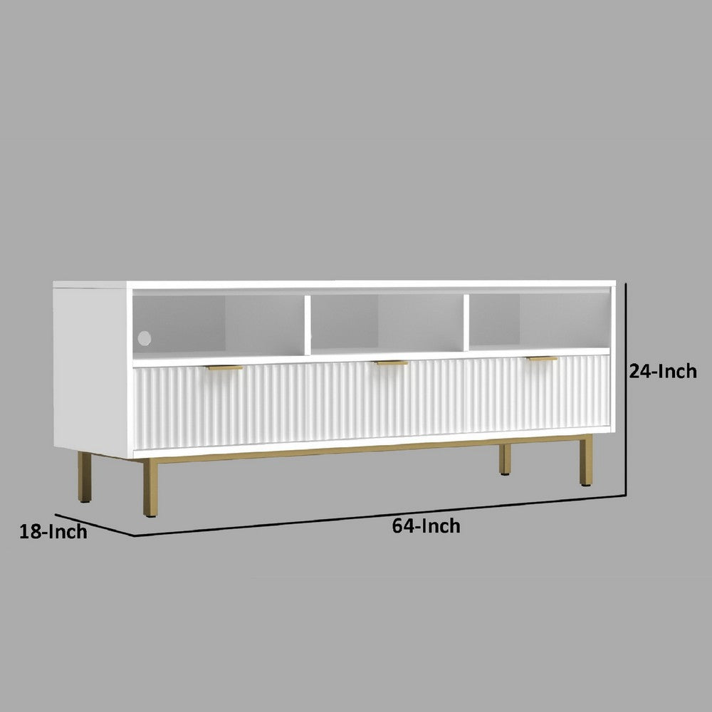 Beth 64 Inch TV Media Entertainment Center Console, 3 Drawers, White, Gold
