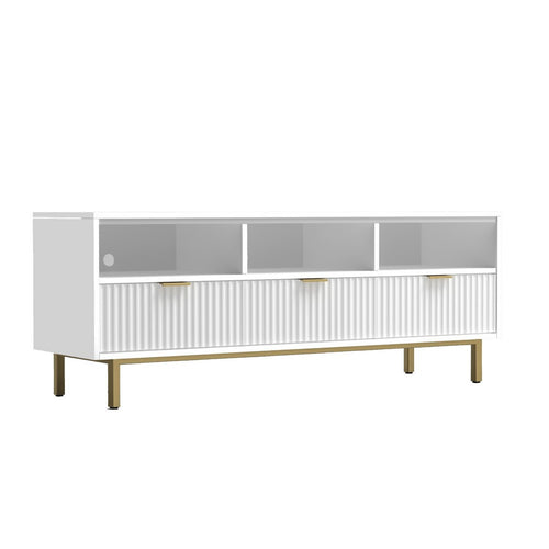 Beth 64 Inch TV Media Entertainment Center Console, 3 Drawers, White, Gold