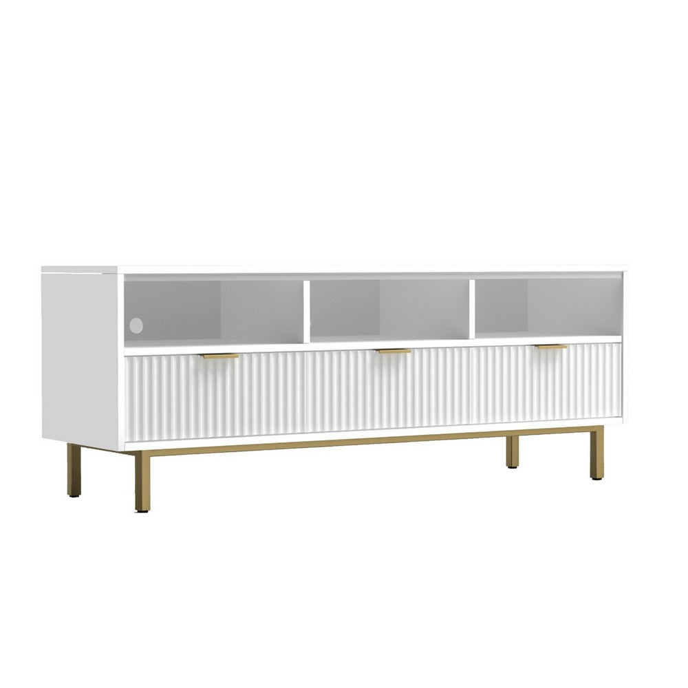 Beth 64 Inch TV Media Entertainment Center Console, 3 Drawers, White, Gold