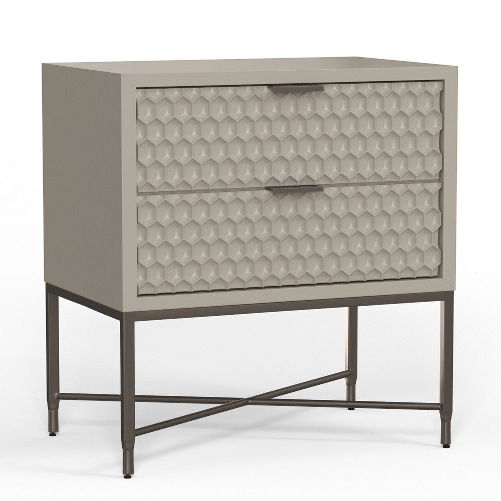 Rexi 26 Inch 2 Drawer Nightstand, Honeycomb, Mahogany Wood, Taupe Gray