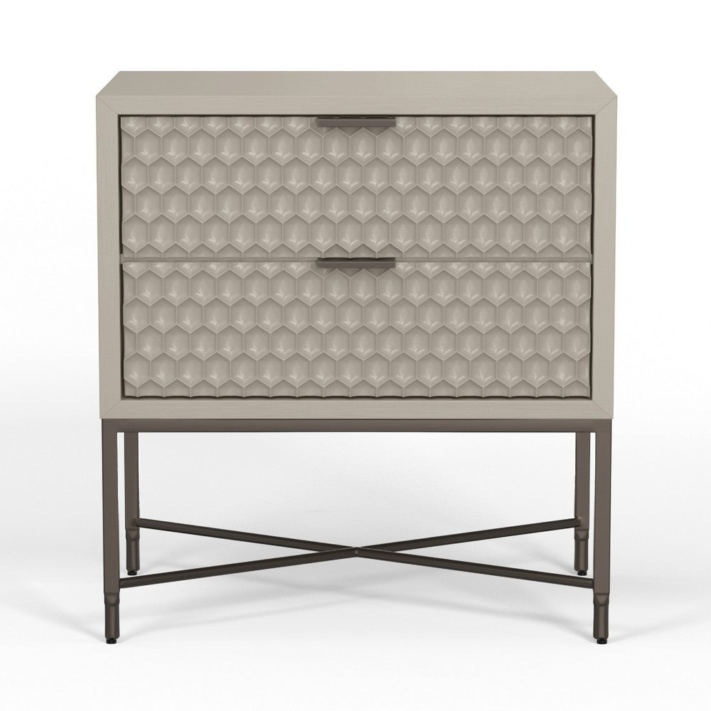 Rexi 26 Inch 2 Drawer Nightstand, Honeycomb, Mahogany Wood, Taupe Gray