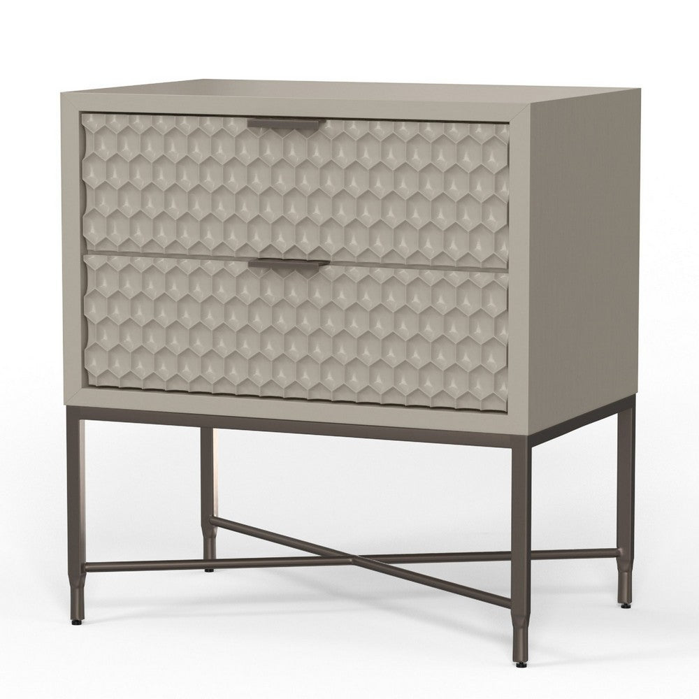 Rexi 26 Inch 2 Drawer Nightstand, Honeycomb, Mahogany Wood, Taupe Gray