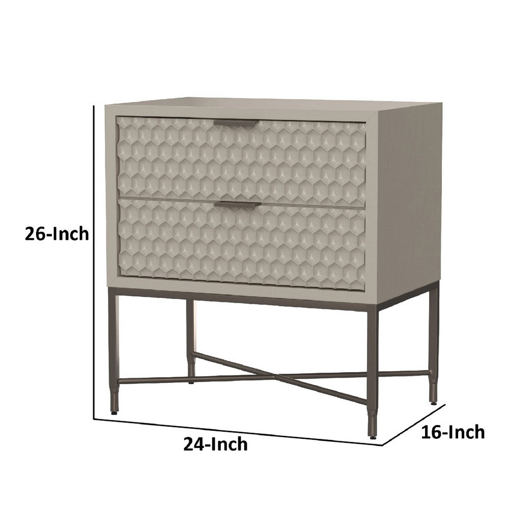 Rexi 26 Inch 2 Drawer Nightstand, Honeycomb, Mahogany Wood, Taupe Gray