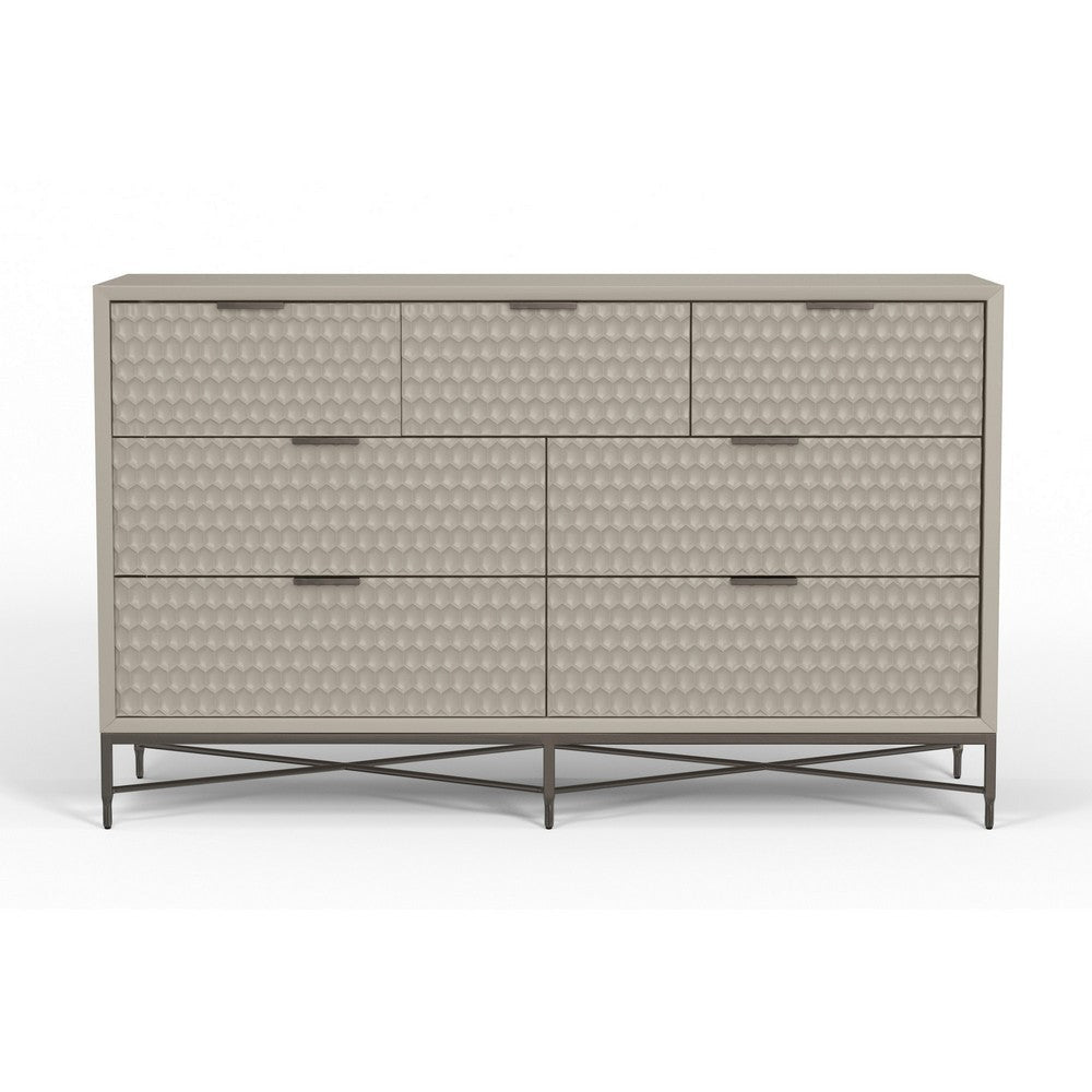 Rexi 56 Inch 7 Drawer Dresser Honeycomb Pattern Mahogany Wood Taupe Gray BM284281