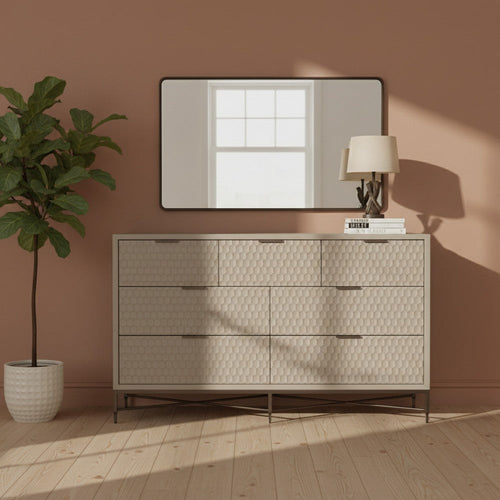 Rexi 56 Inch 7 Drawer Dresser, Honeycomb Pattern, Mahogany Wood, Taupe Gray