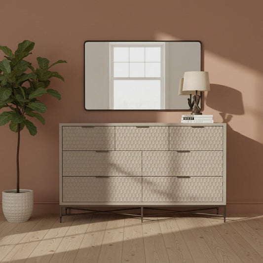Rexi 56 Inch 7 Drawer Dresser, Honeycomb Pattern, Mahogany Wood, Taupe Gray