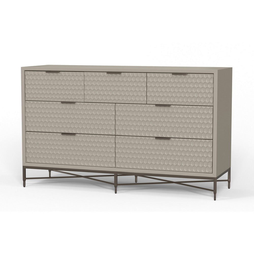 Rexi 56 Inch 7 Drawer Dresser, Honeycomb Pattern, Mahogany Wood, Taupe Gray