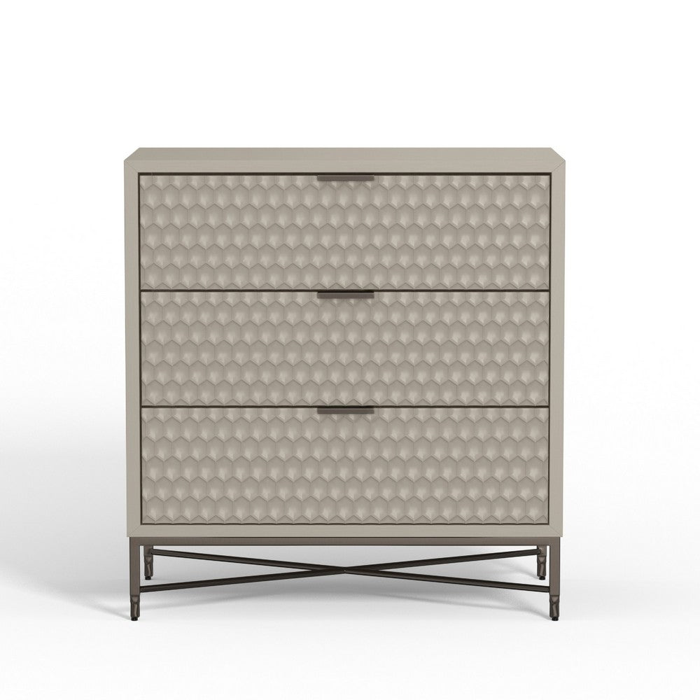 Rexi 34 Inch 3 Drawer Small Dresser Chest, Honeycomb Texture, Taupe Gray