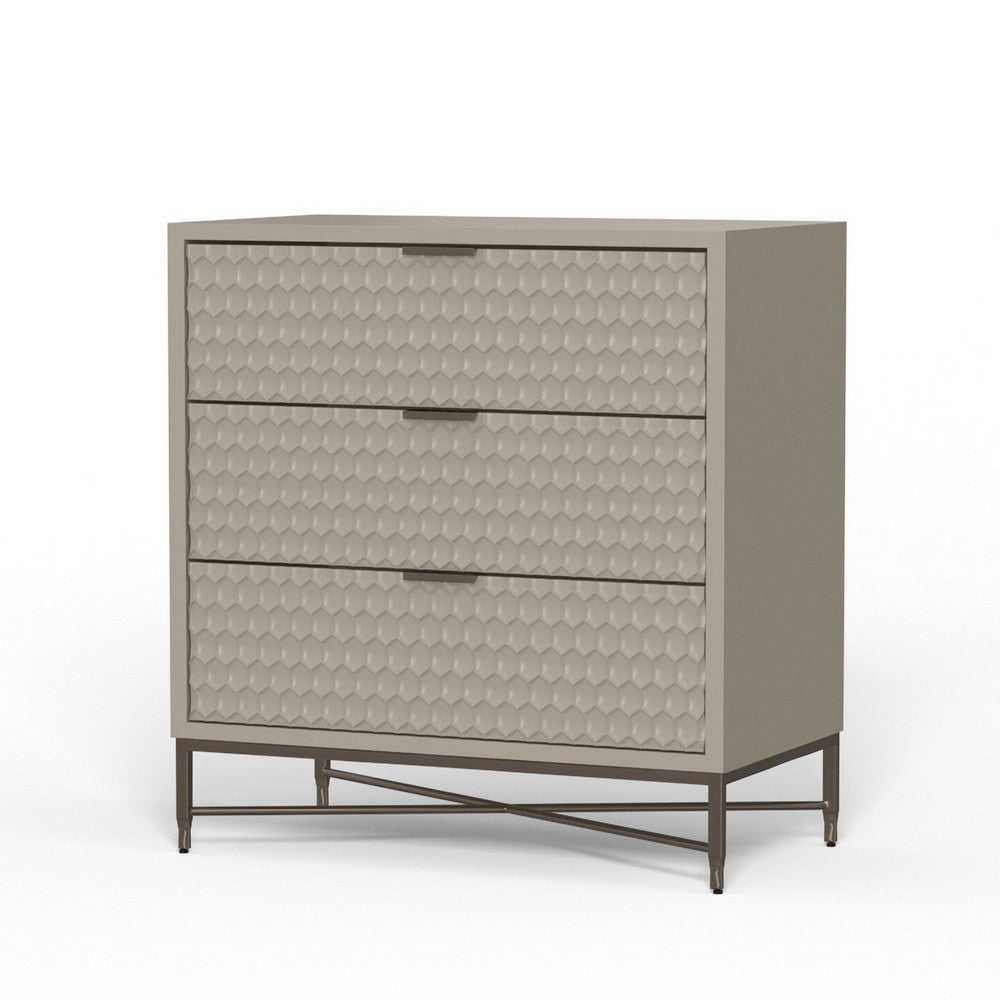Rexi 34 Inch 3 Drawer Small Dresser Chest, Honeycomb Texture, Taupe Gray