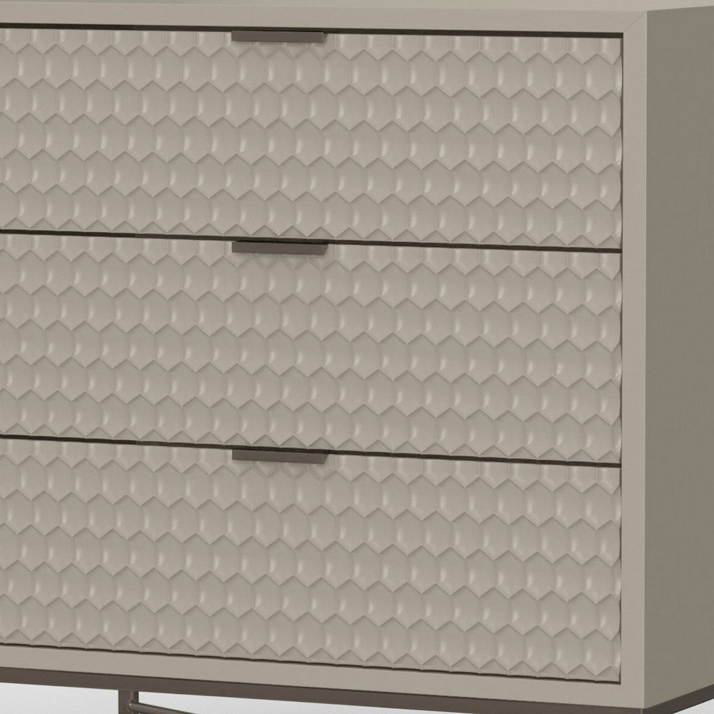 Rexi 34 Inch 3 Drawer Small Dresser Chest, Honeycomb Texture, Taupe Gray
