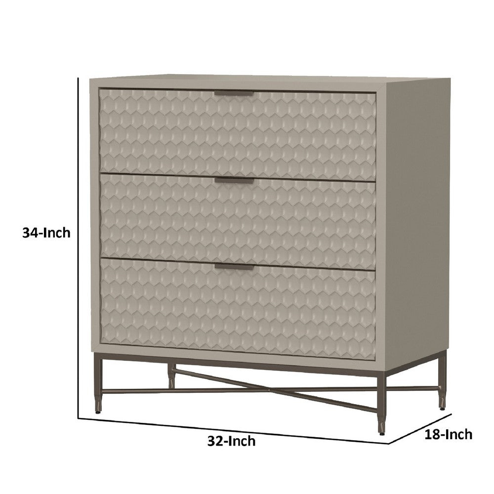 Rexi 34 Inch 3 Drawer Small Dresser Chest, Honeycomb Texture, Taupe Gray