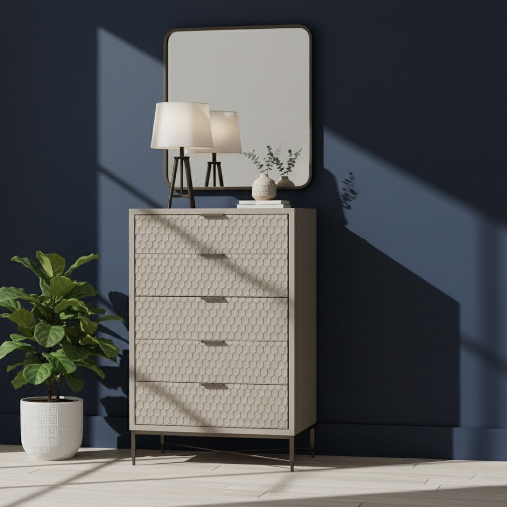 Rexi Tall Dresser Chest | 48" | 5 Drawers | Honeycomb Texture | Taupe Gray
