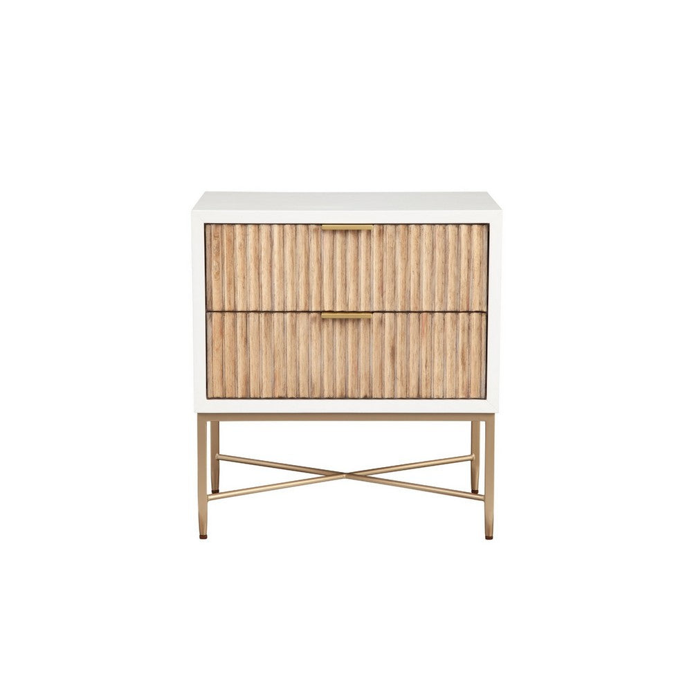 Eli 26 Inch 2 Drawer Nightstand, Corrugated Panels, Gold Metal Frame, White