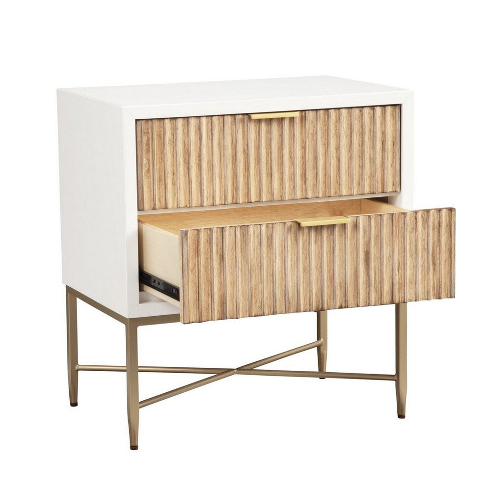 Eli 26 Inch 2 Drawer Nightstand, Corrugated Panels, Gold Metal Frame, White