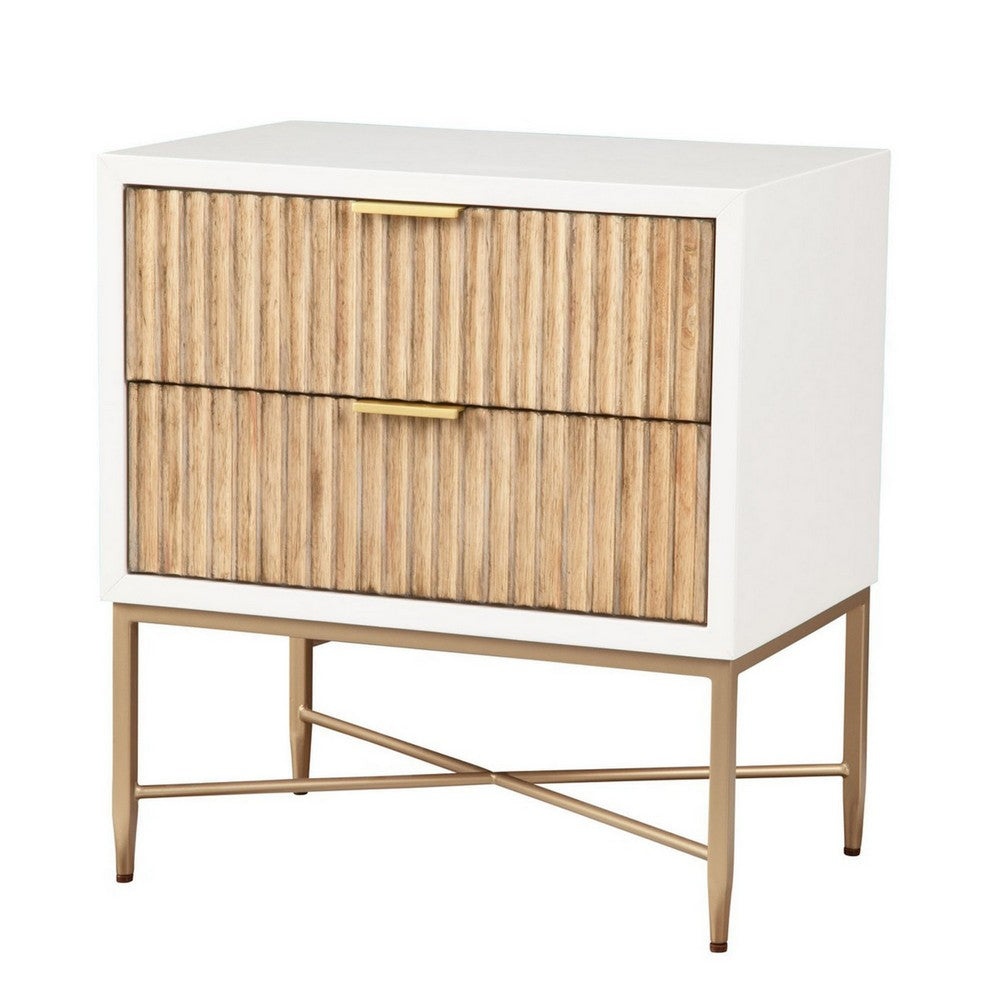 Eli 26 Inch 2 Drawer Nightstand, Corrugated Panels, Gold Metal Frame, White