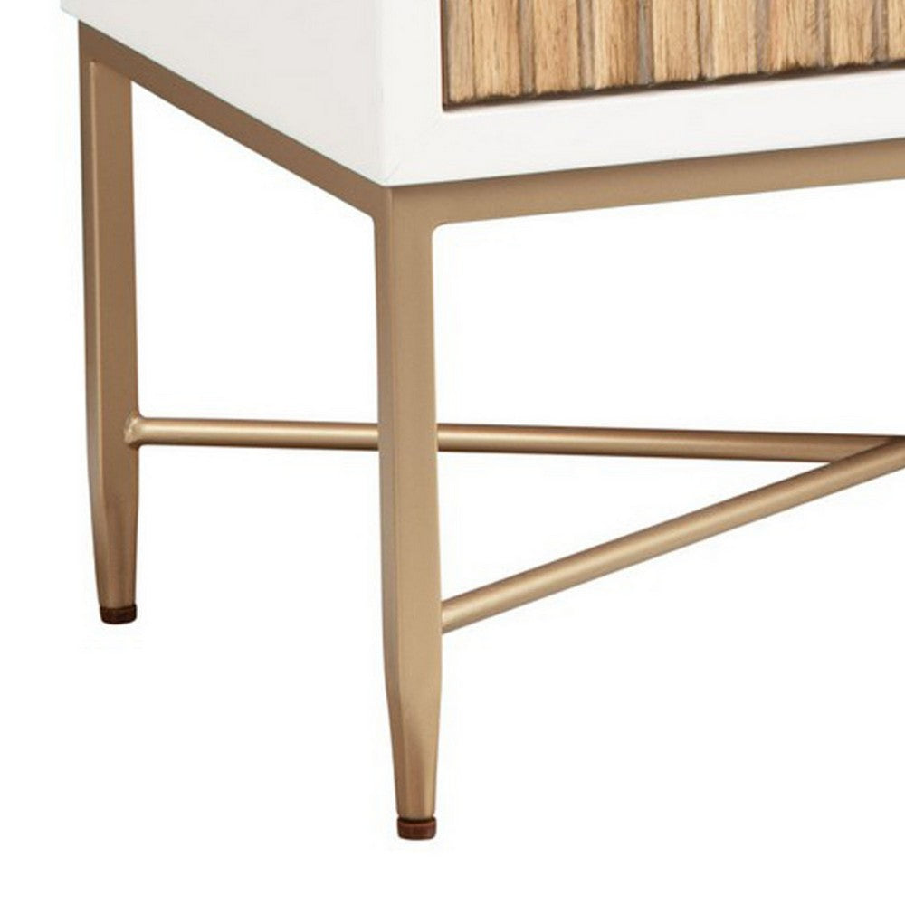 Eli 26 Inch 2 Drawer Nightstand, Corrugated Panels, Gold Metal Frame, White