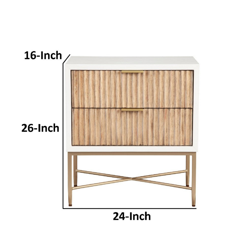 Eli 26 Inch 2 Drawer Nightstand, Corrugated Panels, Gold Metal Frame, White