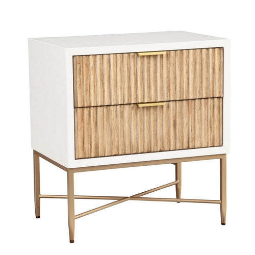 Eli 26 Inch 2 Drawer Nightstand, Corrugated Panels, Gold Metal Frame, White