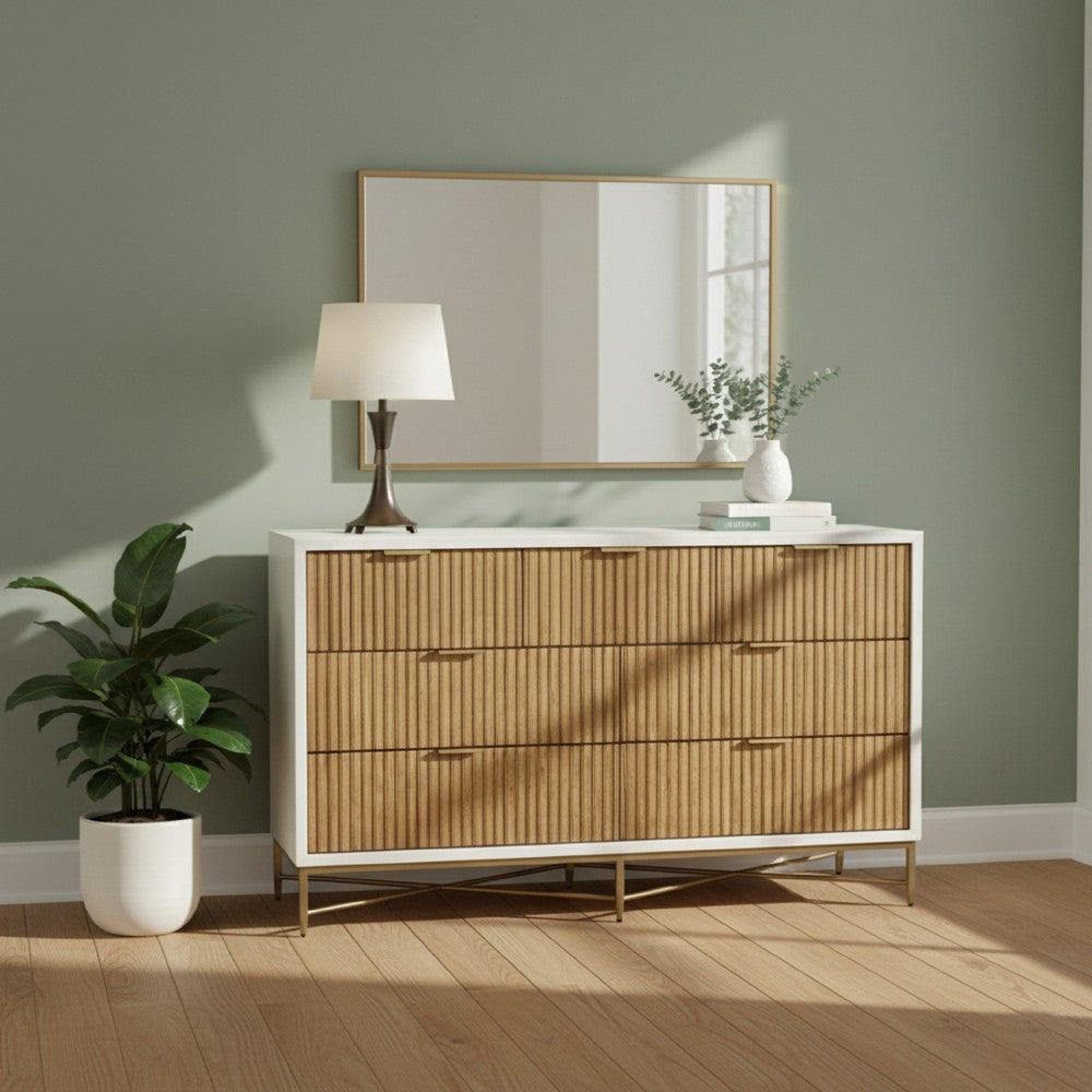 Eli 56 Inch 7 Drawer Dresser, Corrugated Panels, Mahogany Wood, White, Gold