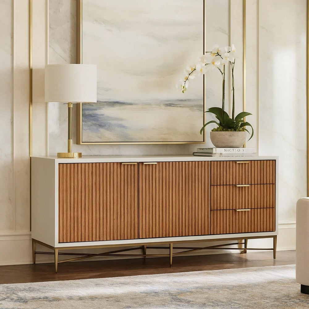 Eli 64 Inch TV Media Entertainment Center Console, 3 Drawers, White, Gold