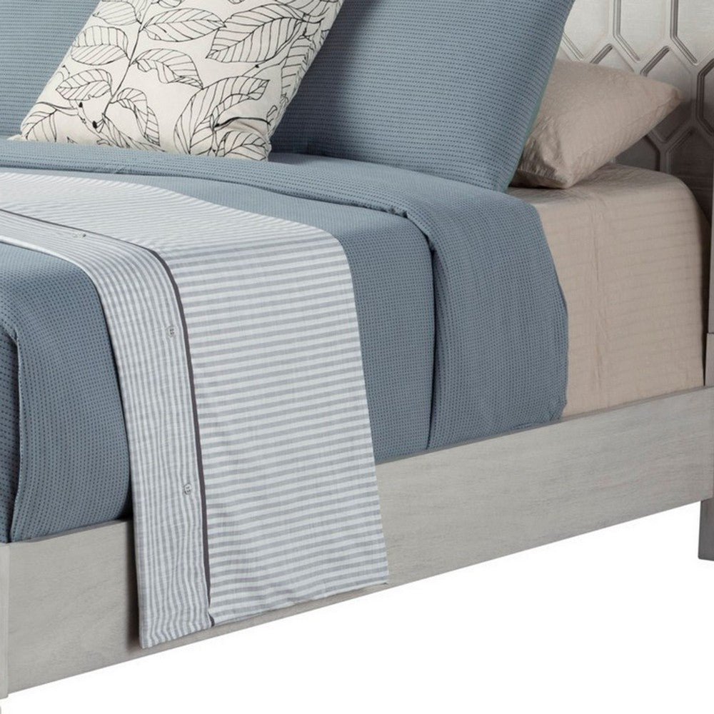 Rue California King Sized Bed, Mahogany Wood, Honeycomb Pattern, Light Gray