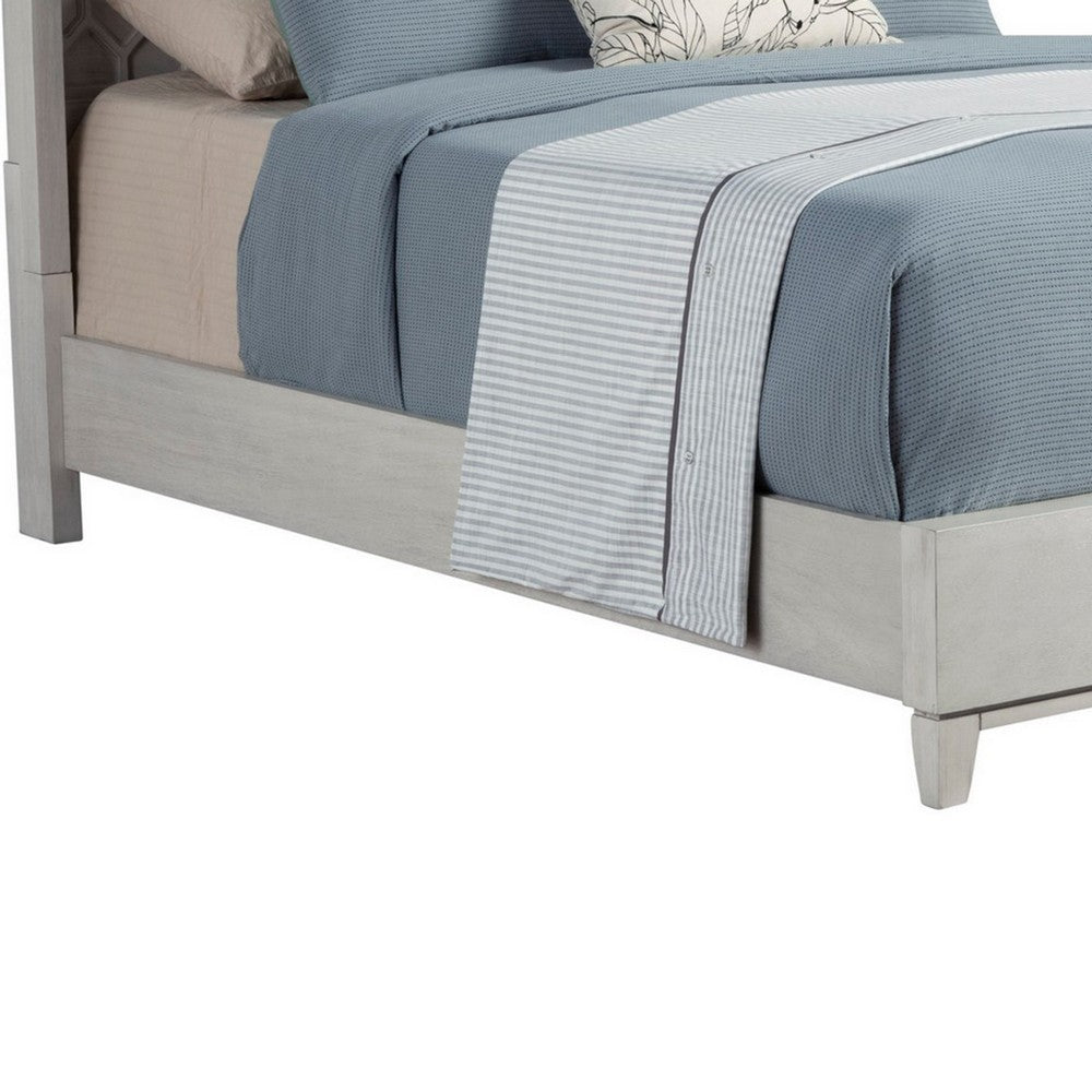 Rue California King Sized Bed, Mahogany Wood, Honeycomb Pattern, Light Gray