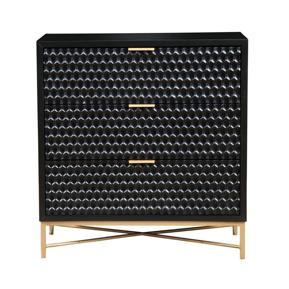 Rexi 34 Inch 3 Drawer Small Dresser Chest, Honeycomb Panels, Black, Gold