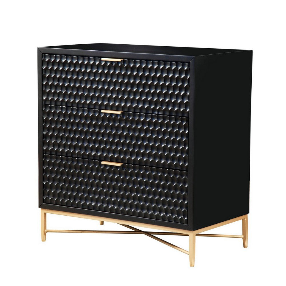 Rexi 34 Inch 3 Drawer Small Dresser Chest, Honeycomb Panels, Black, Gold