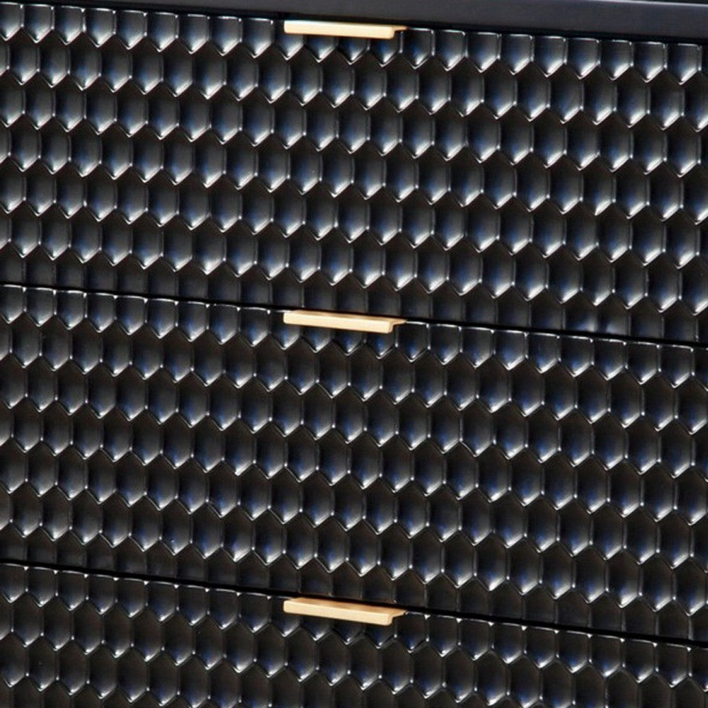 Rexi 34 Inch 3 Drawer Small Dresser Chest, Honeycomb Panels, Black, Gold