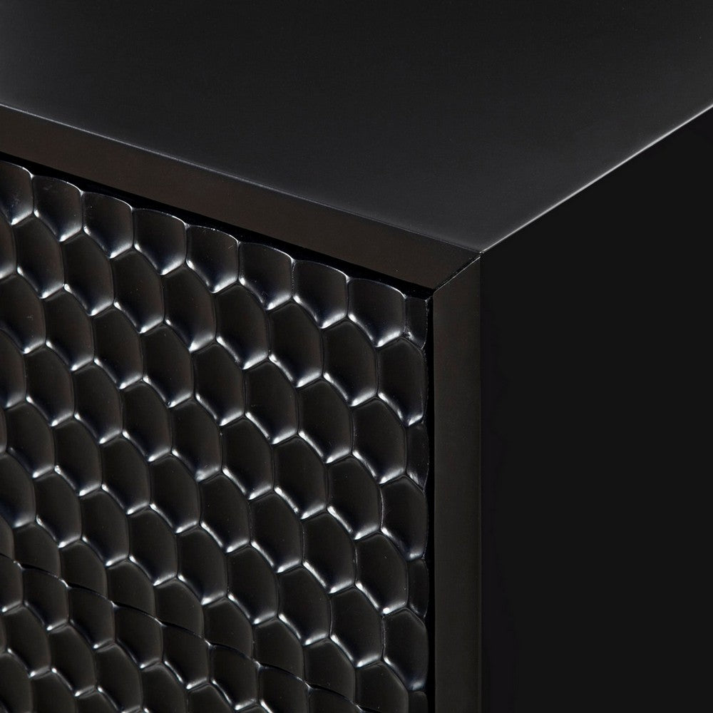 Rexi 34 Inch 3 Drawer Small Dresser Chest, Honeycomb Panels, Black, Gold