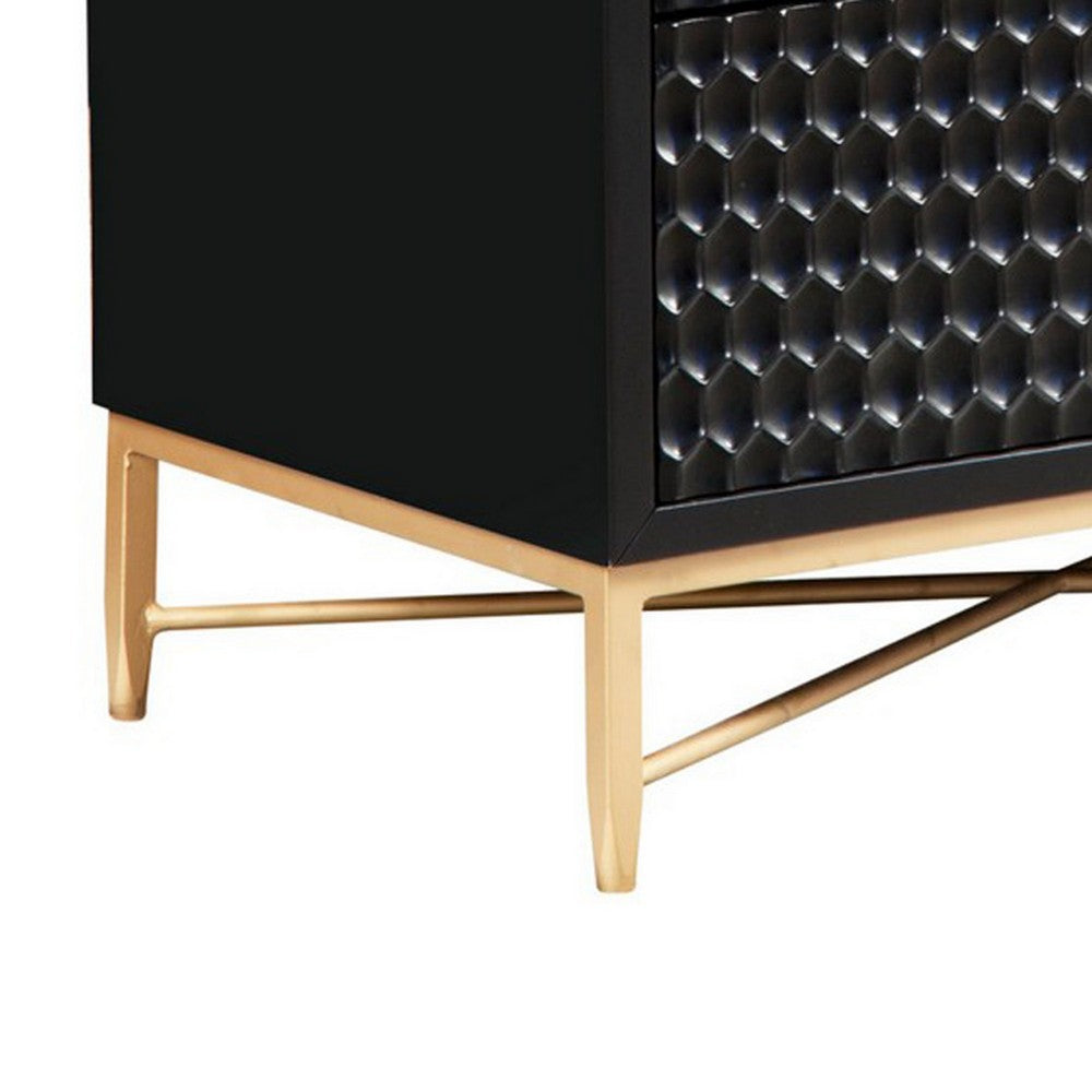Rexi 34 Inch 3 Drawer Small Dresser Chest, Honeycomb Panels, Black, Gold