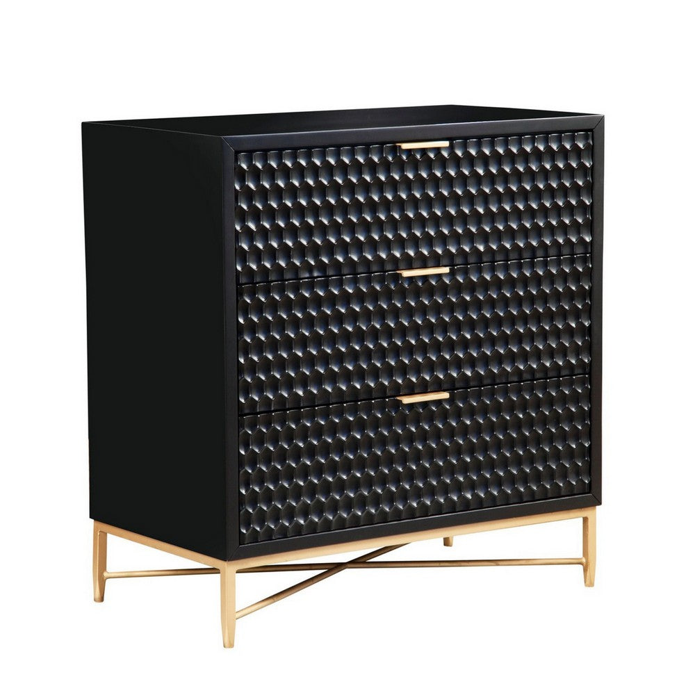 Rexi 34 Inch 3 Drawer Small Dresser Chest, Honeycomb Panels, Black, Gold