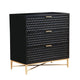 Rexi 34 Inch 3 Drawer Small Dresser Chest, Honeycomb Panels, Black, Gold