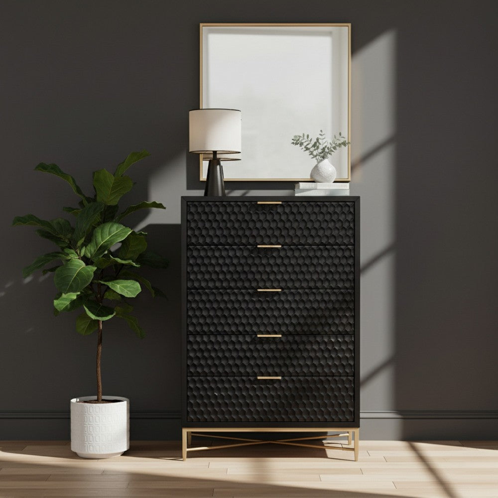 Rexi Tall Dresser Chest | 48" | 5 Drawers | Honeycomb Panels | Black Gold