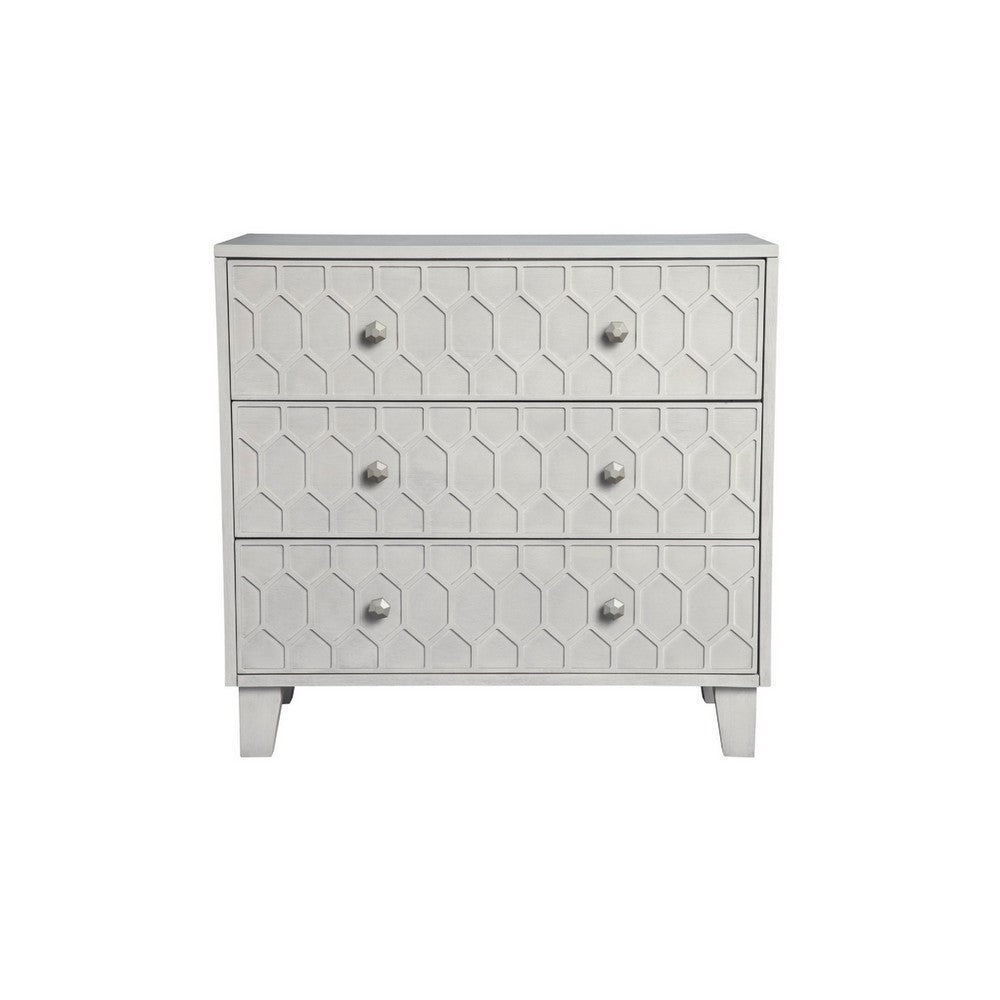Rue 36 Inch 3 Dresser Drawer Chest, Textured Honeycomb Design, Light Gray