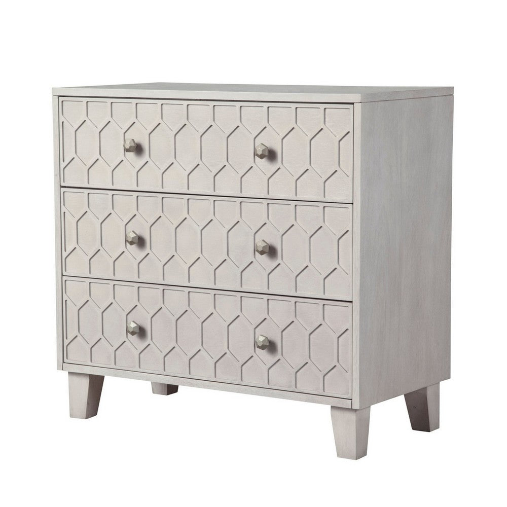 Rue 36 Inch 3 Dresser Drawer Chest, Textured Honeycomb Design, Light Gray