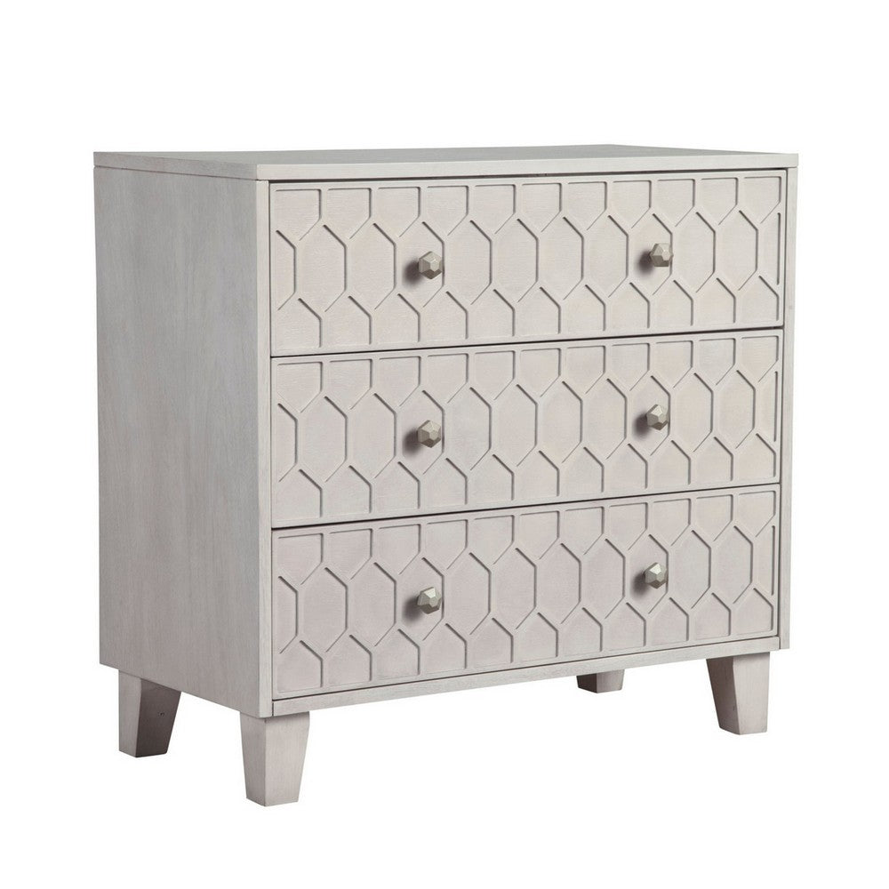 Rue 36 Inch 3 Dresser Drawer Chest, Textured Honeycomb Design, Light Gray