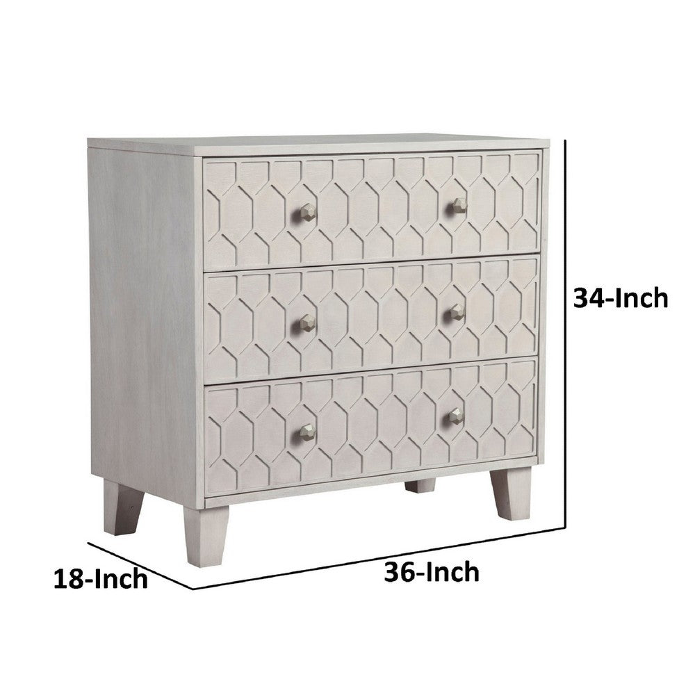 Rue 36 Inch 3 Dresser Drawer Chest, Textured Honeycomb Design, Light Gray