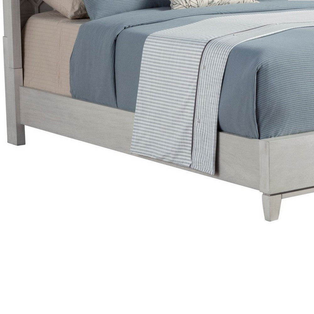 Rue King Sized Bed, Mahogany Wood, Honeycomb Pattern Texture, Light Gray