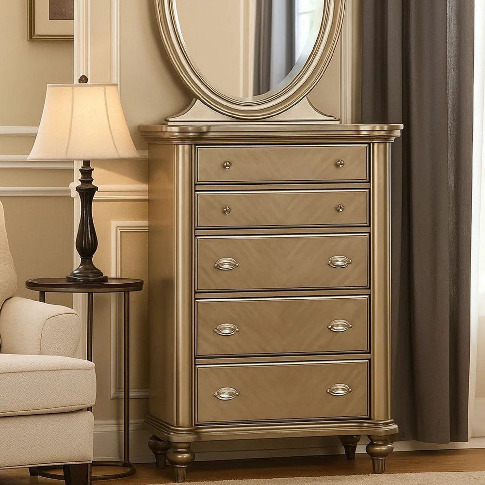 Ada 56 Inch 5 Drawer Tall Dresser Chest, Pine Wood, Chevron Pattern, Antique Champagne