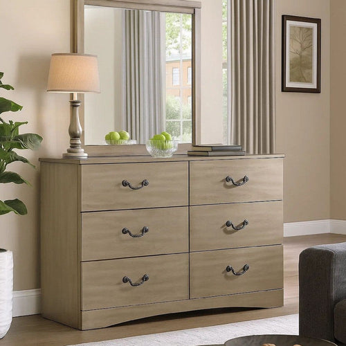 Bran 54 Inch Modern 6 Drawer Dresser, Pine Wood, Scalloped, Light Brown