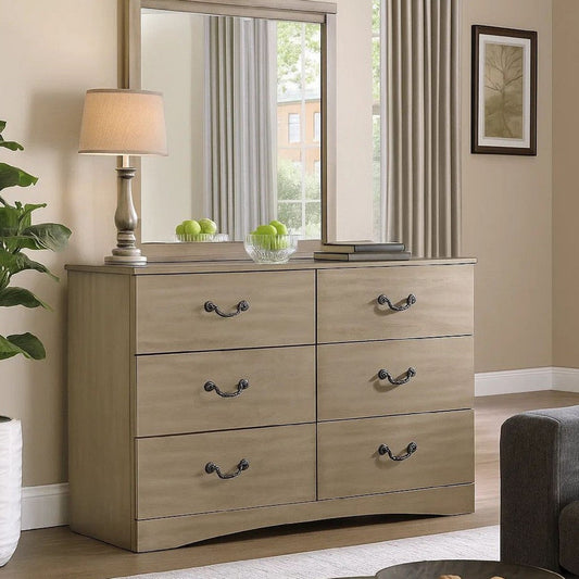 Bran 54 Inch Modern 6 Drawer Dresser, Pine Wood, Scalloped, Light Brown