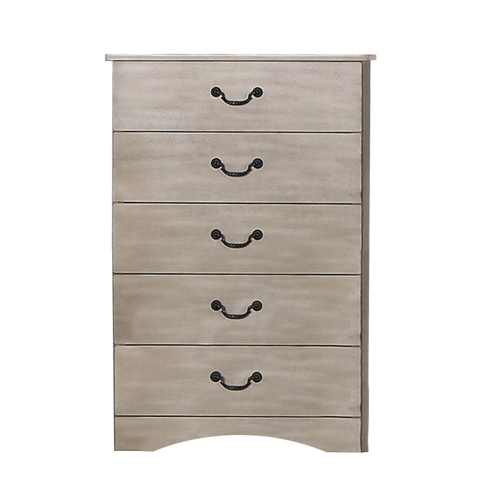 Bran 48 Inch 5 Drawer Tall Dresser Chest, Pine Wood, Scalloped, Light Brown