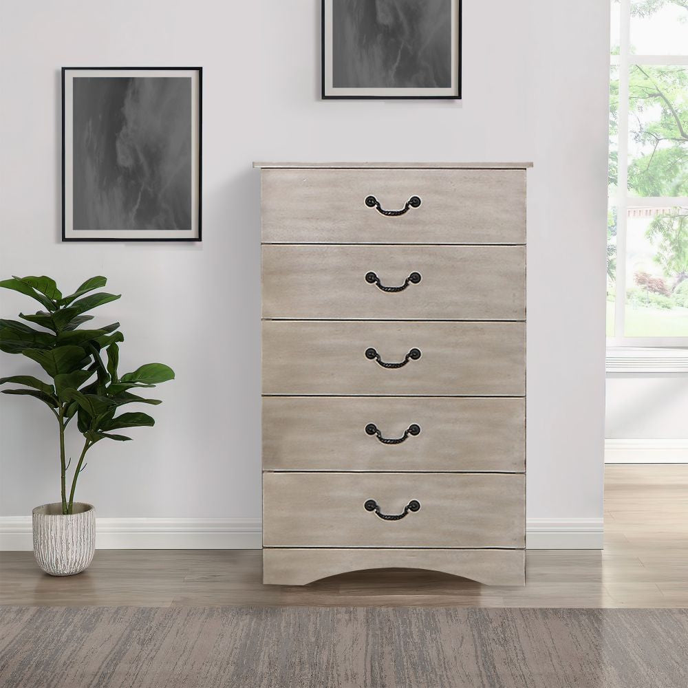 Bran 48 Inch 5 Drawer Tall Dresser Chest, Pine Wood, Scalloped, Light Brown