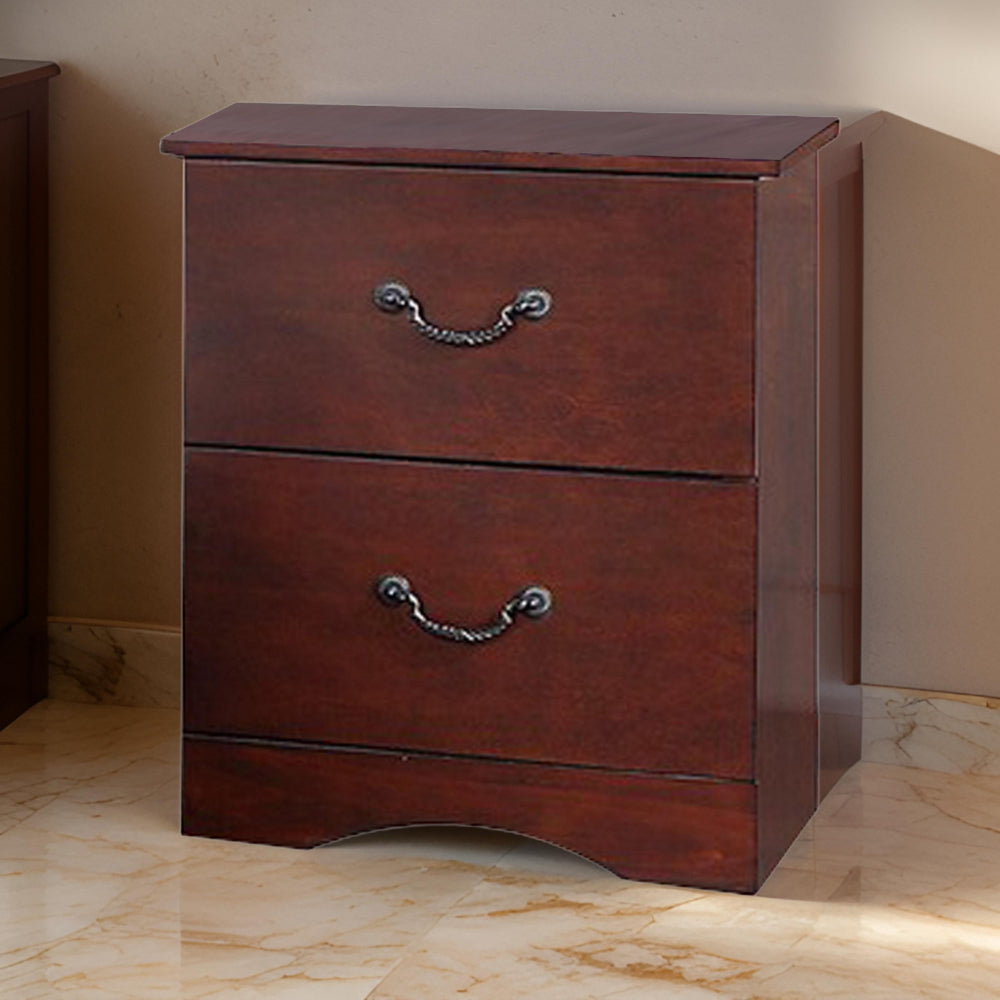 Bran Nightstand | 27" | 2 Drawers | Pine Wood | Grain Details | Cherry Brown