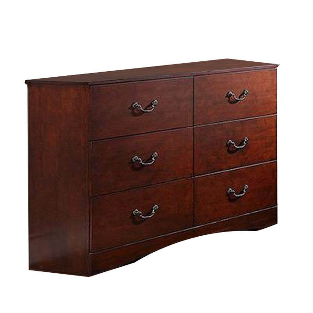 Bran 54 Inch 6 Drawer Dresser Pine Wood Grain Details Cherry Brown By Casagear Home BM284309