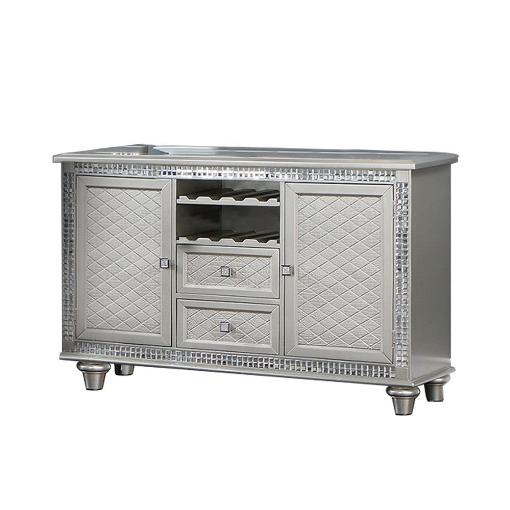 Neil 55 Inch Sideboard Buffet Cabinet Console, 2 Doors, Crystal, Silver