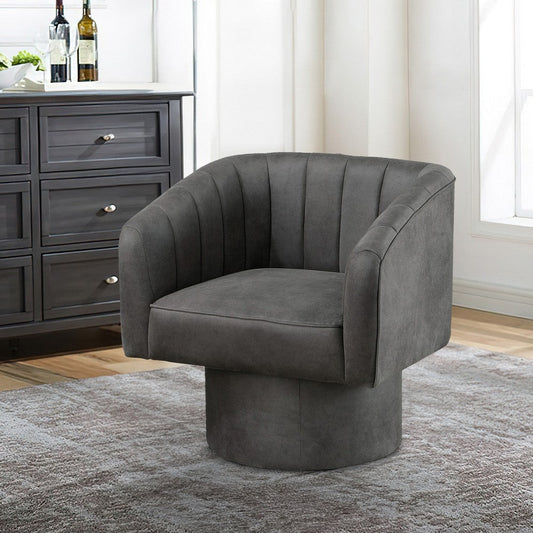 Kate 30 Inch Accent Chair, 360 Swivel Seat, Vegan Faux Leather, Dark Gray By Casagear Home