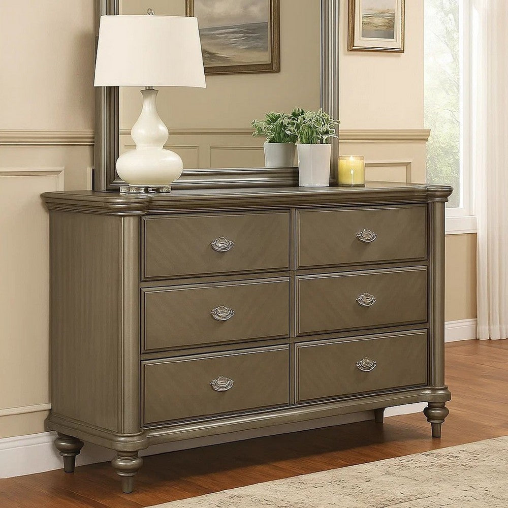 Ada 64 Inch Classic 6 Drawer Dresser, Pine Wood, Chevron Pattern, Brown