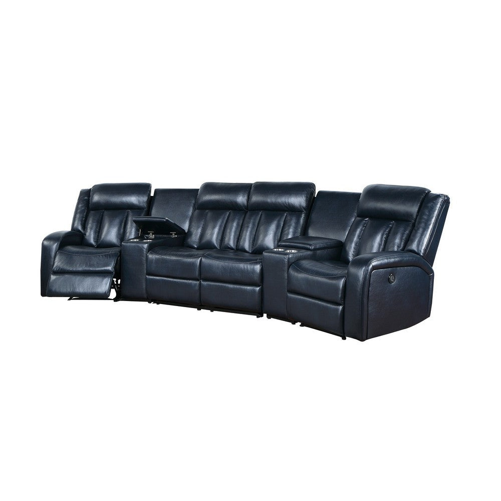 Max 5 Piece Manual Recliner Sectional Set, Vegan Faux Leather, Navy Blue